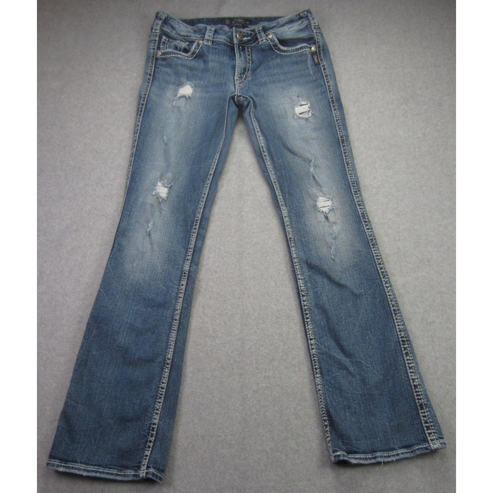 Silver Jeans Womens 29x31 Blue Suki Bootcut Distressed Embroidered Denim READ